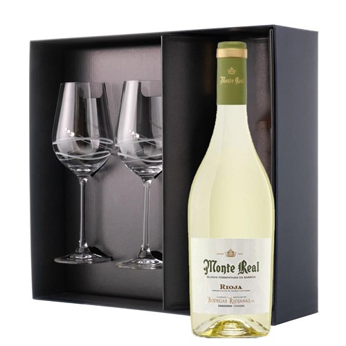 Monte Real Blanco Barrel Fermented 75cl White Wine And Diamante Venezia Glasses Gift Box Set